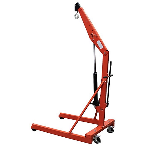 Ein mobiler, orangefarbener Werkstattkran mit Hydraulikzylinder und Hebehaken auf Rollen vor weißem Hintergrund.