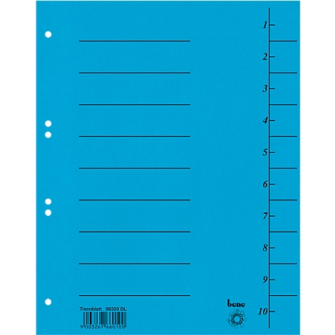 Blauwe indexkaartsplitsers met zwarte lijnen en paginanummers. Merklogo rechtsonder.