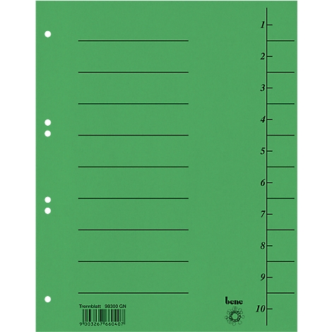 Groene scheidingsblad met gaten, lijnen en nummers voor structurering. Rechts een schaal van 1 tot 10.