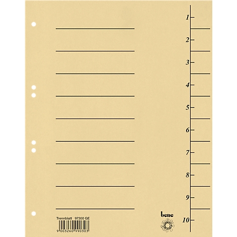 Geel scheidingsblad met zwarte lijnen en nummering van 1 tot 10. Merk: bene.