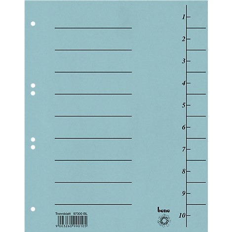 Lichtblauw scheidingsblad met zwarte lijnen en cijfers voor een duidelijke organisatie. Het heeft perforaties en een barcode.
