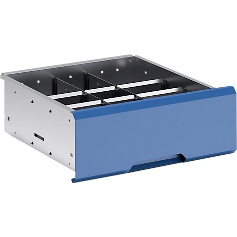 Blauw-zilveren lade met vakken.