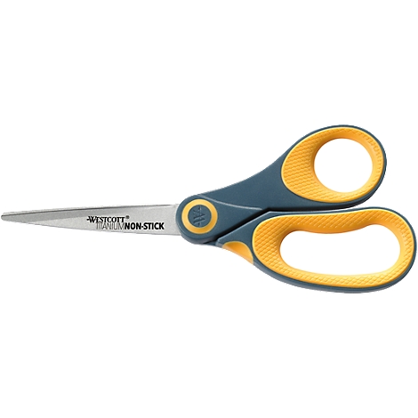 Eine Schere mit blauem Griff und gelben Grifföffnungen. Auf der Klinge steht "WESTCOTT TITANIUM NON-STICK".