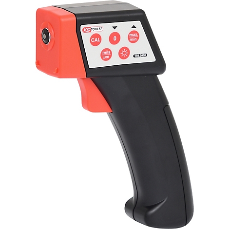 Schwarzes und rotes Messgerät mit Knöpfen und LCD-Anzeige.