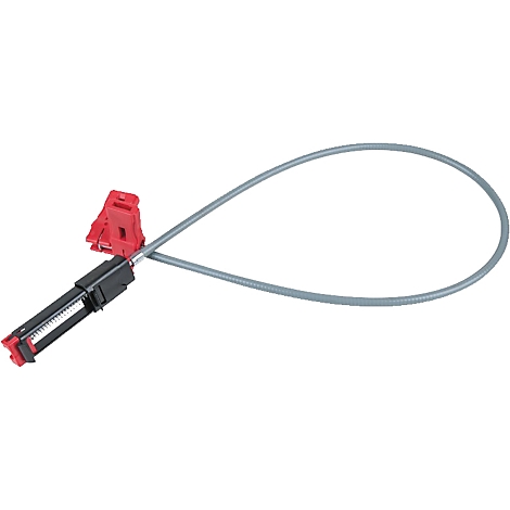 Ein graues Kabel mit zwei schwarzen und roten Anschlüssen.