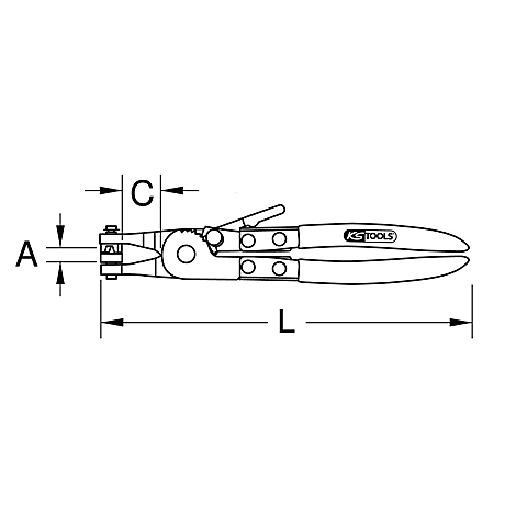 Seitenansicht einer Zange mit Maßangaben. Der Griff hat das Logo "KS TOOLS".
