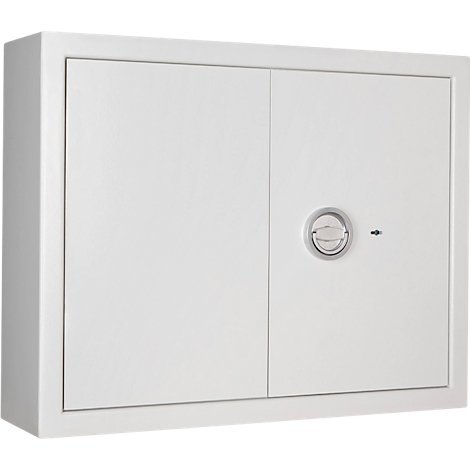 Weißer Wandschrank mit zwei Türen und rundem Griff. Kleines Schlüsselloch rechts.