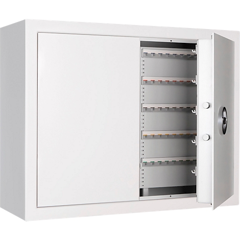 Weißer Schlüsselschrank mit geöffneter Tür, Innenaufteilung mit Halterungen.