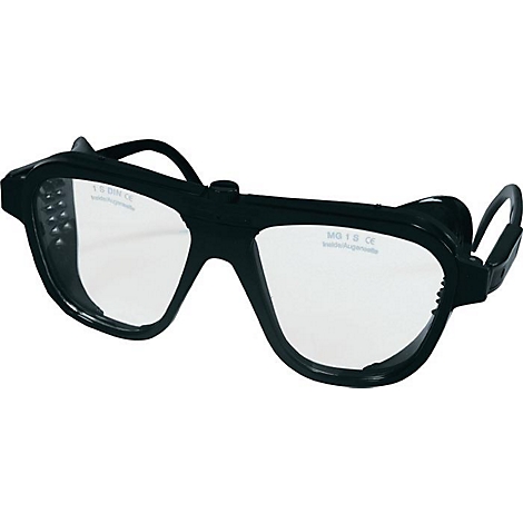 Lunettes de sécurité, monture noire, verres transparents. Petits trous sur le côté. Texte sur le verre.