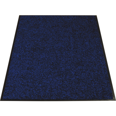 Blaue Fußmatte mit schwarzem Rahmen. Die Oberfläche hat eine rauhe, textile Struktur.