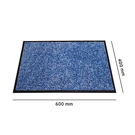 Blaue Fußmatte mit schwarzem Rand und Bemaßung von 600 mm mal 400 mm.
