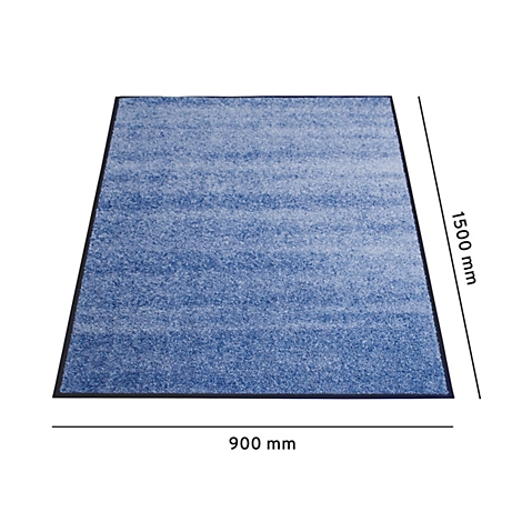 Blauer, rechteckiger Teppich mit dunkler Umrandung, Maße 900 mm mal 1500 mm, auf weißem Hintergrund.