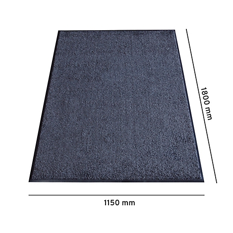 Dunkelblauer Teppich, Maße 1150 x 1800 mm. Schwarzer Rand, strukturierte Oberfläche.