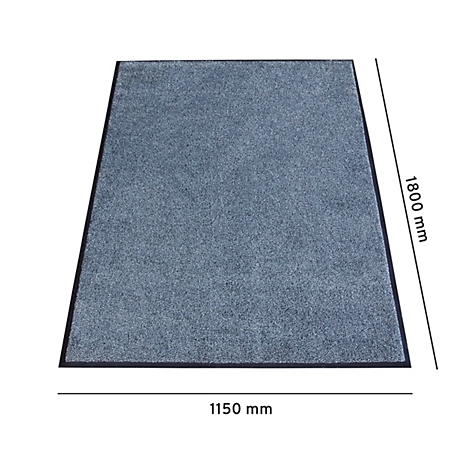 Blauer Teppich mit schwarzem Rand. Maße 1150 mm x 1800 mm. Abgebildet vor weißem Hintergrund.