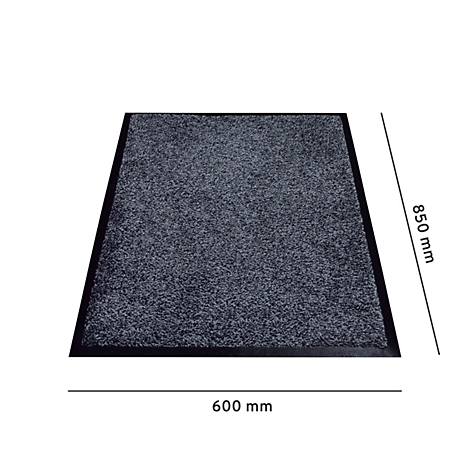 Graue Fußmatte mit schwarzem Rand, Maße 600 x 850 mm. Die Oberseite ist rau und grob strukturiert.