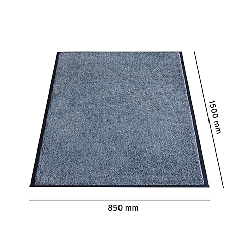 Blauer Teppich mit schwarzem Rand. Maße: 850 mm x 1500 mm. Das Produkt wird auf weißem Hintergrund dargestellt.