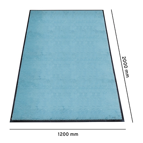 Hellblauer Teppich mit schwarzem Rand. Maße: 2000 x 1200 mm.