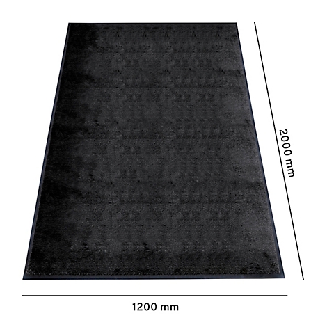 Ein rechteckiger, schwarzer Teppich mit einer Textur, mit Maßen von 1200 x 2000 mm, auf weißem Hintergrund.