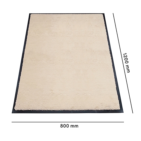 Beiger Teppich, rechteckig, mit schwarzem Rahmen. Masse: 1200 x 800 mm.