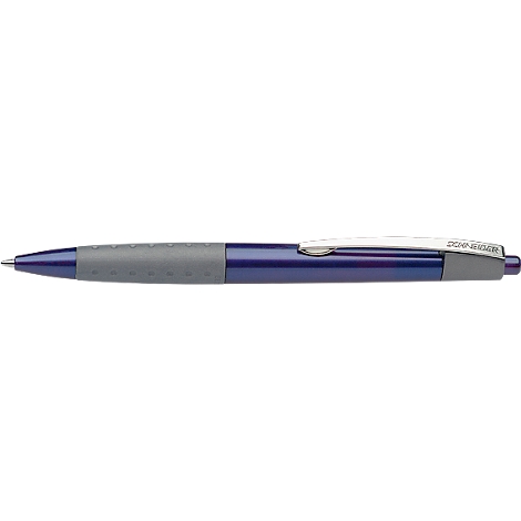 A blue and gray ballpoint pen lies horizontally. The clip is silver-colored, with a lettering. Details: tip, handle, shaft.