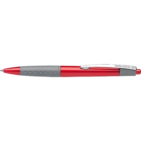 A red ballpoint pen with a gray midsection and a silver clip. The brand "Schneider" is engraved on the clip.