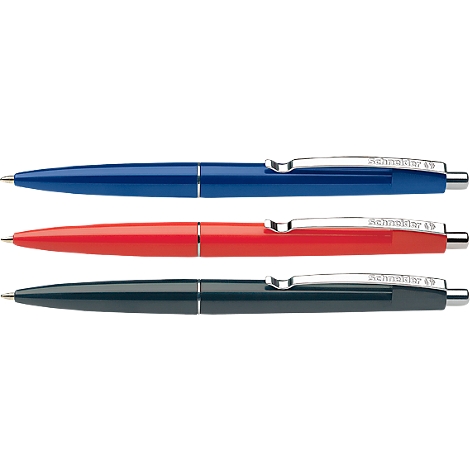 Three ballpoint pens in blue, red, and black, silver details. Schneider 49 writing.