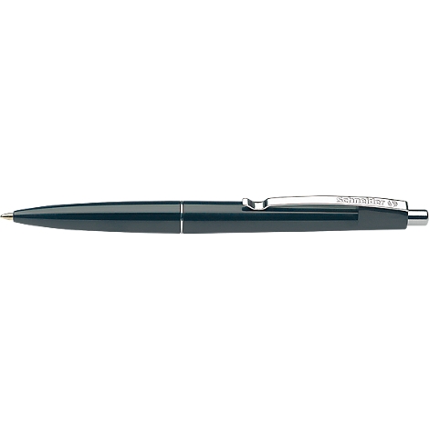 A pen, held in dark colors, with clip and lettering.