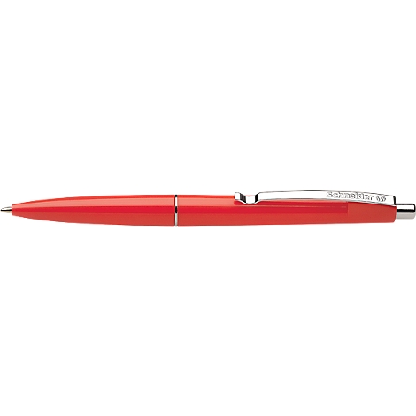 Red ballpoint pen with silver details. The clip reads "Schneider."