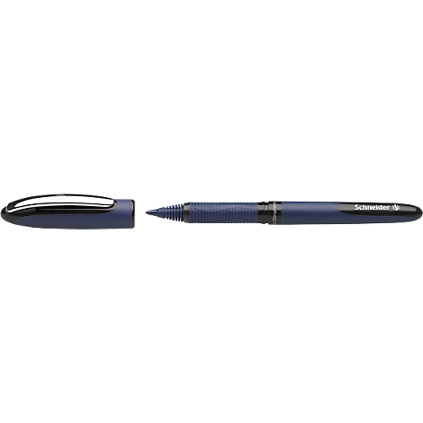 A blue ballpoint pen with open cap, the inscription 'Schneider' is visible.