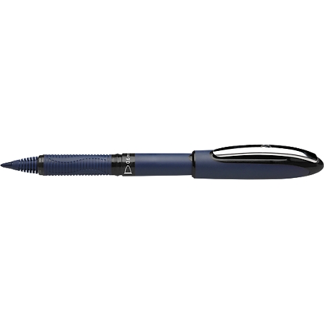Close-up of a blue ballpoint pen. The barrel is dark blue, the end is ribbed. The clip is metallic.