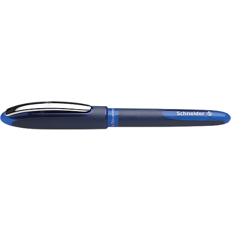Blue pen with silver clip, brand lettering. Schneider logo.