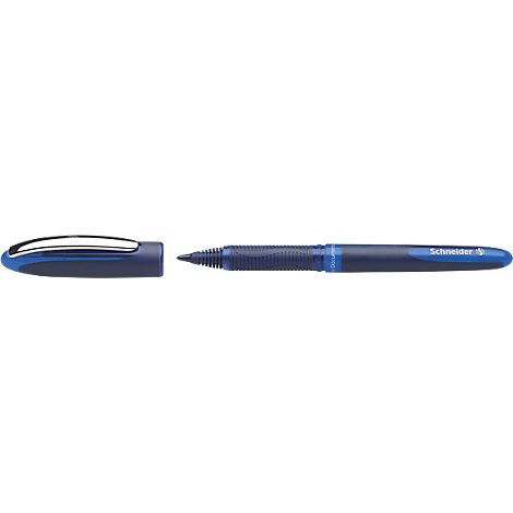 Blue ballpoint pen with open cap, the end shows "Schneider". The pen is isolated.