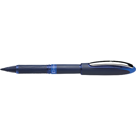 Blue ballpoint pen. Ribbed grip, transparent body, cap. Text: 'D.tec'.