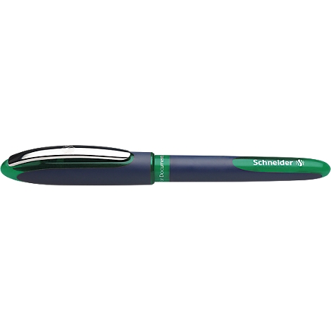 A Schneider brand pen. Dark blue body with green end and clip. Schneider lettering.