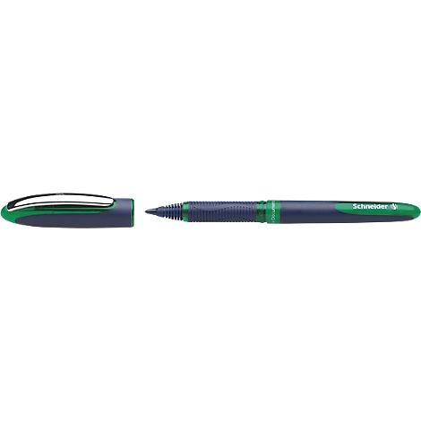 A blue pen with green accents and an open cap, brand Schneider.