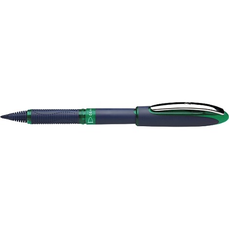 A blue ballpoint pen with green accents. The tip, the handle, the ink and the clip are clearly visible.