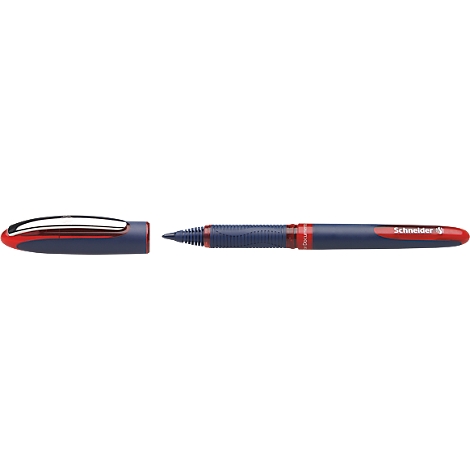 An opened blue pen with red accent and the inscription "Schneider".