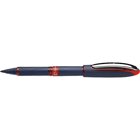 Blue and red ballpoint pen tapering to a point.