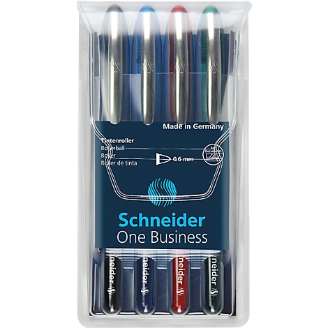 Package of four Schneider One Business rollerball pens. Silver tips, different colored inks (blue, red, green, black) in plastic packaging.