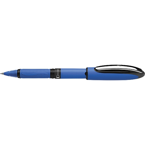 Blue ballpoint pen, close-up, details such as ribbed grip, tip, clip.