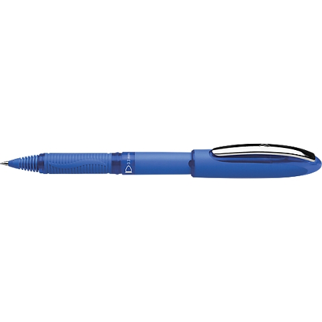 Blue ballpoint pen with metal tip and clip. Plastic body with rubberized grip zone.