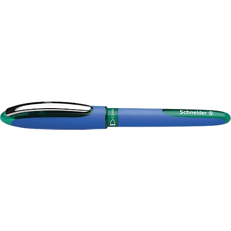 Blue pen with green clip and Schneider 1 inscription.
