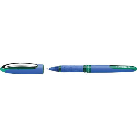 Blue ballpoint pen with green accents and cap on top. The brand "Schneider" is visible.