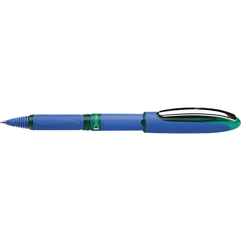 Blue ballpoint pen on a white background. The shaft is blue, partially ribbed, with green and silver accents.