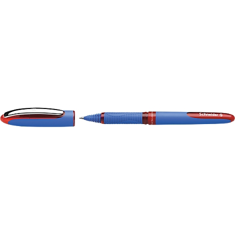 An opened blue ballpoint pen with a red cap and a red stripe bearing the text "Schneider."