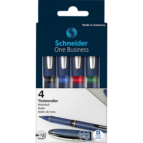 Packung mit vier Schneider One Business Tintenrollern in Schwarz, Blau, Rot und Grün.