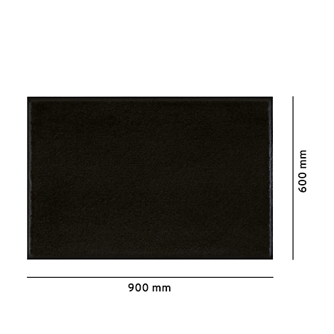 Zwarte mat met afmetingen 900 x 600 mm.