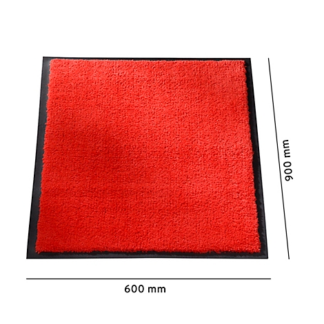 Rode rechthoekige deurmat met zwarte rand, afmetingen: 600 x 900 mm.
