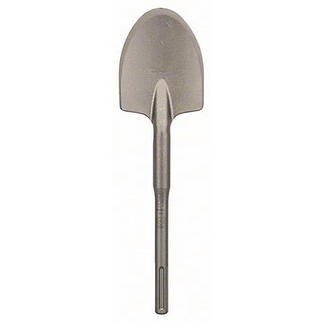Een metalen schop in een bovenaanzicht. Het heeft een afgerond, breed blad en een smalle, cilindrische steel.