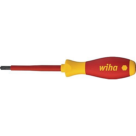 Ein Schraubendreher von Wiha, rot und gelb, mit dem Markennamen auf dem Griff.